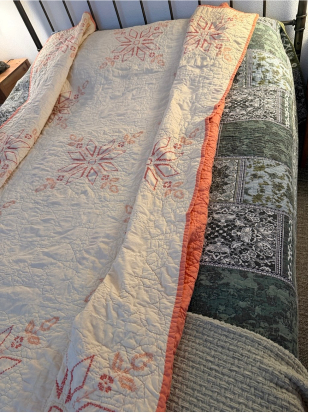 Vintage Handmade Quilt Hand Quilted Embroidered Floral Star 79x90 Full Queen Cot - Picture 11 of 13